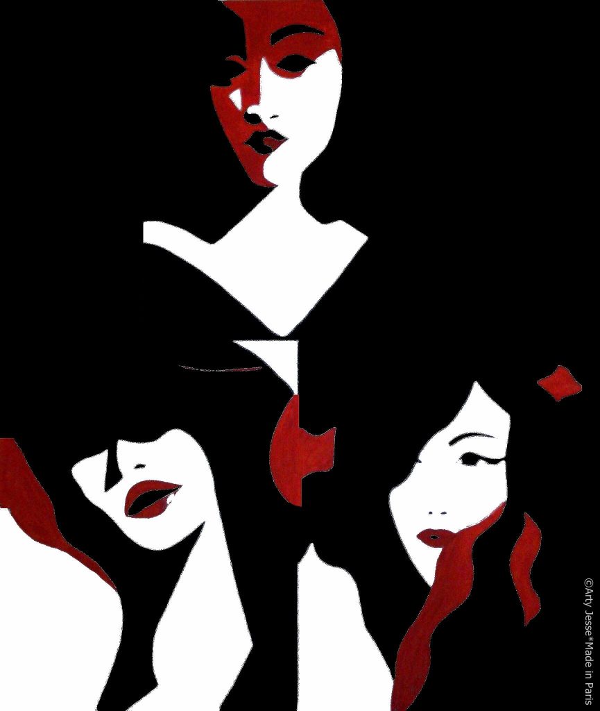 artiste peintre paris, pop art paris, rouge et noir art, geisha painting, red and black geisha